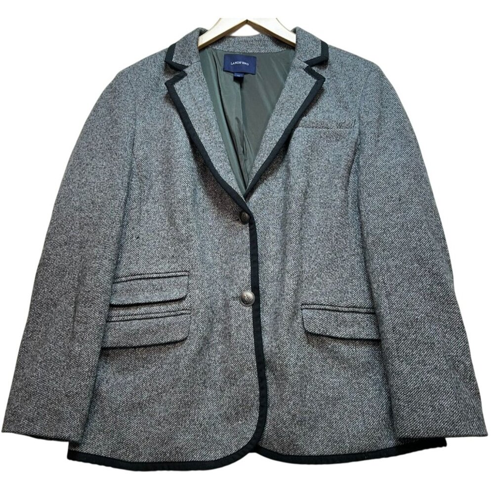 Lands' End Women's Tweed 2 Button Blazer Long Sleeve Size 14 Gray Black Trim